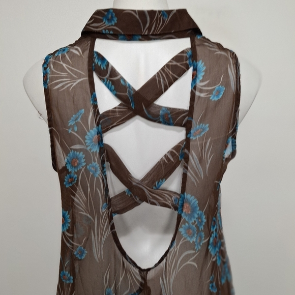Cecico Sheer Brown Floral Academia Collared Button Down Hi-Lo Hem Top Size L - Picture 10 of 14